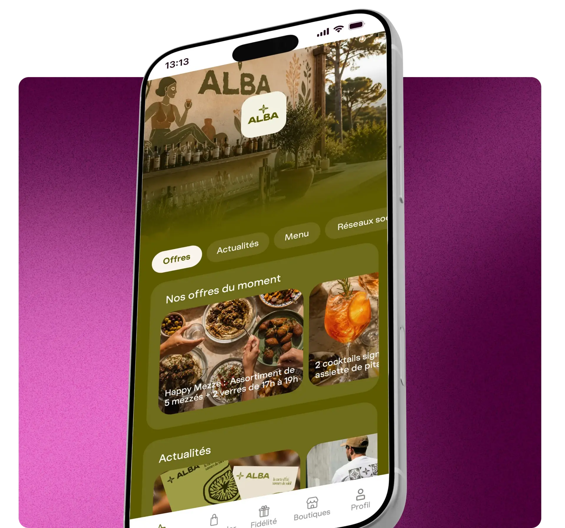 Interface Brand App : menu, fidélité et infos réunis